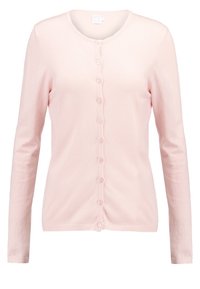 Cárdigan rosa hecho de tejido suave, con un escote redondo, mangas largas y un cierre frontal de botones espaciados uniformemente.