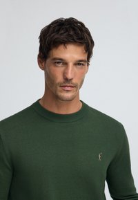 Grüner Strickpullover mit Rundhalsausschnitt, der ein dezentes Logodetail auf der Brust zeigt. Glatte Textur und figurbetontes Design.