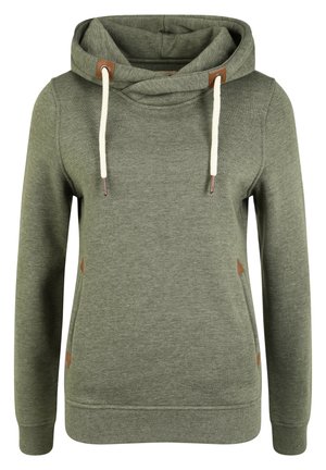 Green sweatshirt with a large hood, cream drawstrings, and brown accents. Features side pockets and ribbed cuffs and hem. Smooth texture.