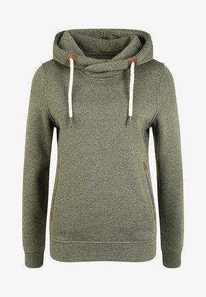 Green sweatshirt with a large hood, cream drawstrings, and brown accents. Features side pockets and ribbed cuffs and hem. Smooth texture.