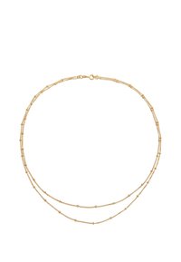 Collana a catena placcata in oro con due fili, accentuata da piccole sfere e delicati anelli texturizzati. Chiusura con gancio sicuro.