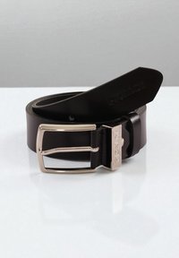 Black leather belt rolled up with a silver rectangular buckle and "Picaldi" engraved on the buckle and belt end.