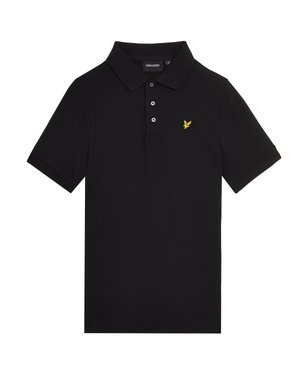 Fekete rövid ujjú galléros póló három gombbal és egy kis sárga madár logóval a bal mellrészen.