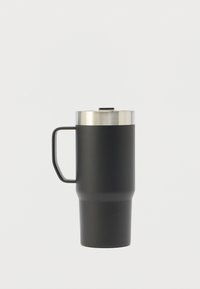 Black insulated travel mug with a stainless steel lid and handle, featuring a sleek cylindrical design. Smooth matte texture.