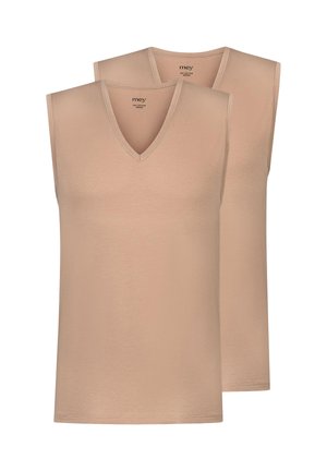 Due canotte beige in cotone senza maniche con scollo a V, mostrate distese, sovrapposte, con tessuto strutturato e senza motivi o loghi visibili.