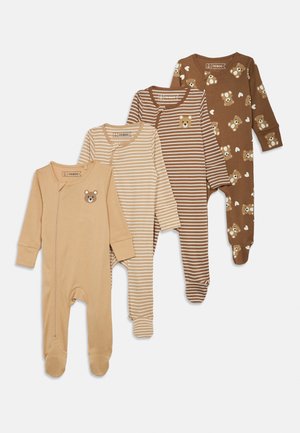 Four baby onesies: beige solid, beige striped, brown striped, and brown with bear patterns. All have long sleeves and zippers. Soft cotton material.