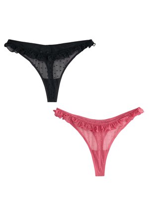Zwart en roze doorschijnende mesh string met kleine hartpatronen en gerimpelde rand langs de tailleband.