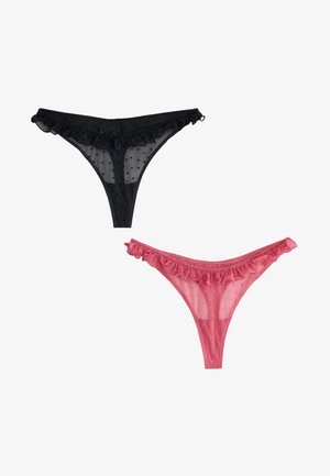 Perizoma in mesh trasparente nero e rosa con piccoli motivi a cuore e bordatura arricciata lungo la vita.