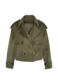 Olivenfarget cropped dobbelspent jakke laget av ull, med store knapper, bred krage og mansjettstropper.