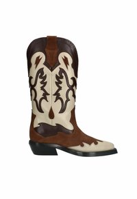 Braune und cremefarbene Cowboy-Stiefel aus Leder und Wildleder, mit westernmäßigem Stickereimuster, spitzem Zehenbereich und niedrigem Absatz.