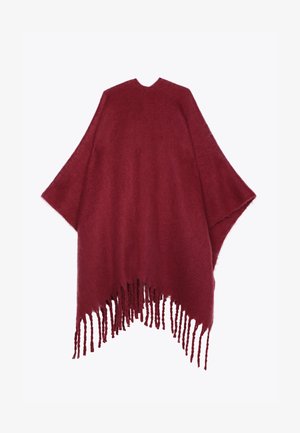 Bordeauxkleurige poncho van zachte stof met een open voorkant, voorzien van lange franjes aan de onderrand en een ronde halslijn.