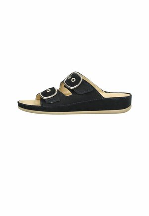 Sandalo nero tipo slide con due fibbie argentate regolabili, suola beige e design con punta aperta.