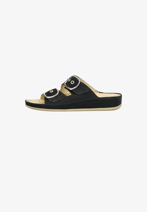 Sandalo nero tipo slide con due fibbie argentate regolabili, suola beige e design con punta aperta.