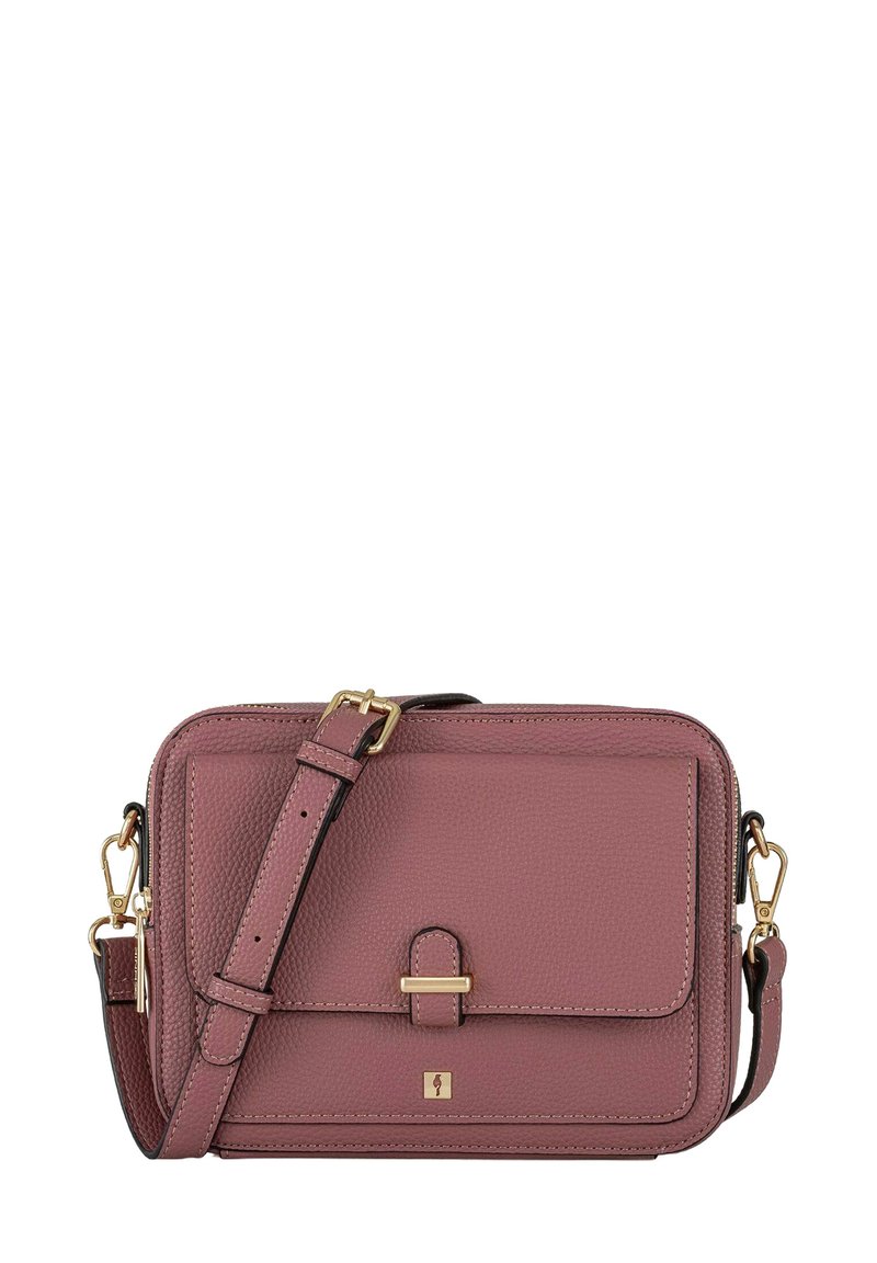 Różowa torebka na ramię z teksturowanej skóry z zapięciem w kolorze złota, regulowanym paskiem i przednią kieszonką na klapkę, charakteryzująca się minimalistycznym designem.