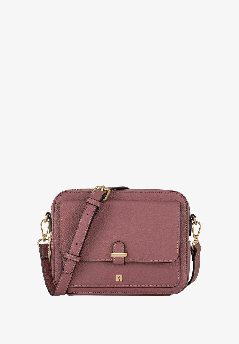 Różowa torebka na ramię z teksturowanej skóry z zapięciem w kolorze złota, regulowanym paskiem i przednią kieszonką na klapkę, charakteryzująca się minimalistycznym designem.