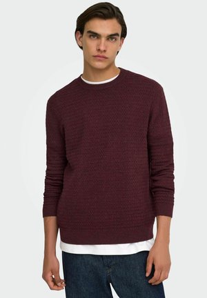 Joven con un suéter texturizado de color púrpura oscuro sobre una camisa blanca con vaqueros azules, de pie frente a un fondo claro y liso.