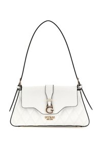Bílá prošívaná kabelka s elegantním designem, obsahující zlatou sponu s logem, černé lemování a jedno ramenní ucho. Texturovaný povrch dodává detail.
