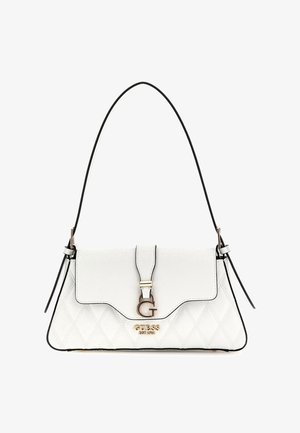 Valkoinen tikattu käsilaukku, jossa on tyylikäs muotoilu, kultainen logo-suljenta, mustat reunat ja yksi olkahihna. Karhennettu pinta lisää yksityiskohtia.