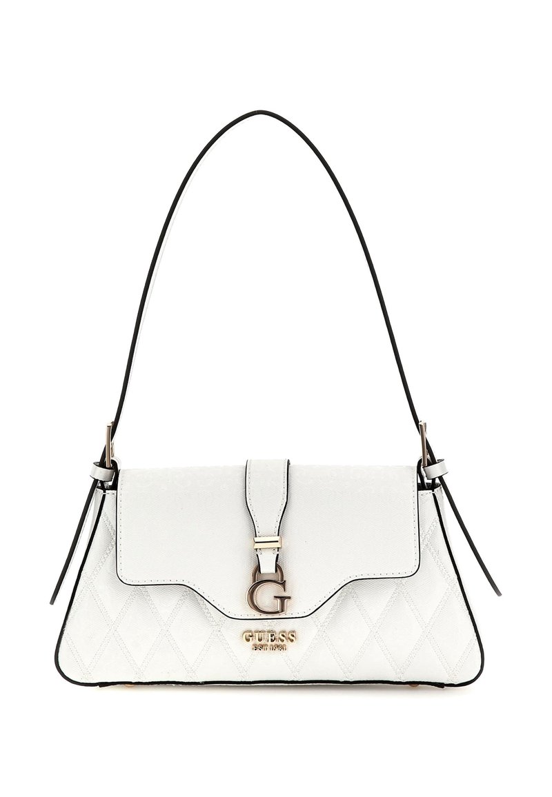 Bílá prošívaná kabelka s elegantním designem, obsahující zlatou sponu s logem, černé lemování a jedno ramenní ucho. Texturovaný povrch dodává detail.