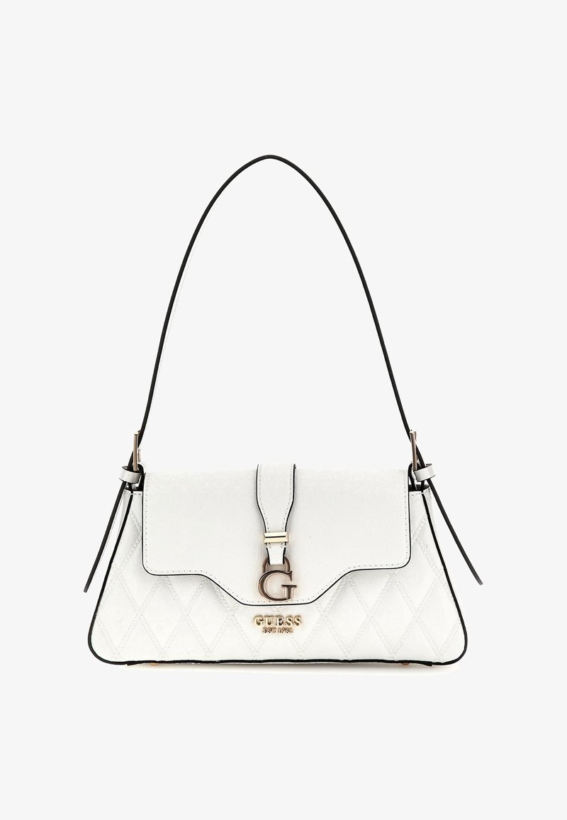 Bílá prošívaná kabelka s elegantním designem, obsahující zlatou sponu s logem, černé lemování a jedno ramenní ucho. Texturovaný povrch dodává detail.