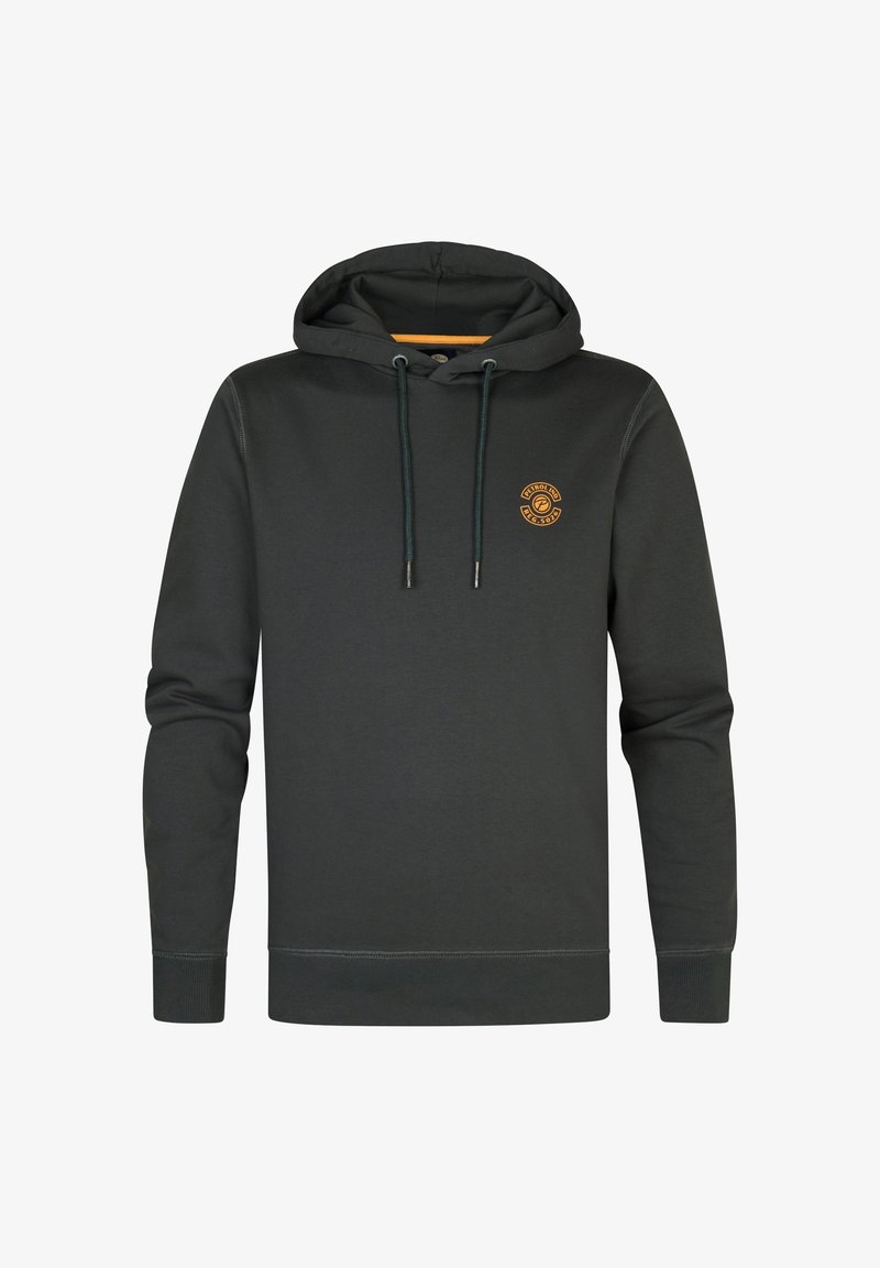 Felpa con cappuccio grigio scuro realizzata in tessuto morbido, dotata di tasca frontale, lacci e un piccolo logo circolare sul petto in beige.