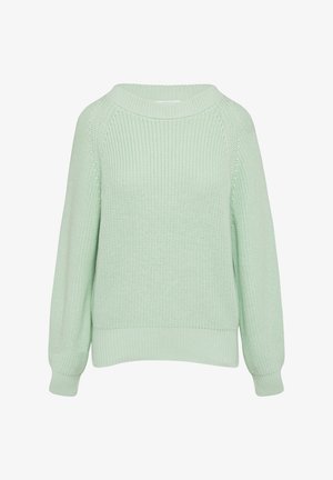 Pull en tricot vert clair à coupe ample, col rond côtelé et manches longues. Caractérisé par un tissu texturé et un ourlet à bandes.