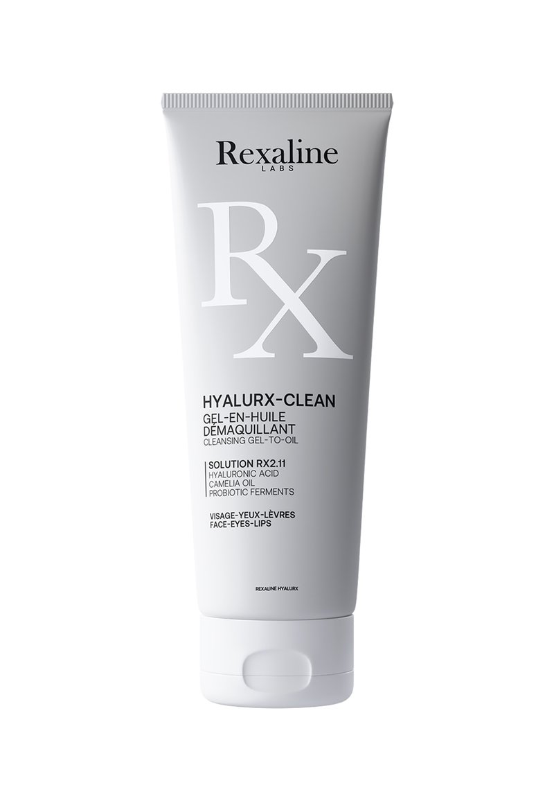 Weißer Tubus mit grauen Akzenten, mit Etiketten "Rexaline Labs" und "Hyalurx-Clean". Enthält eine Reinigungsgel-zu-Öl-Formel mit glattem Finish.