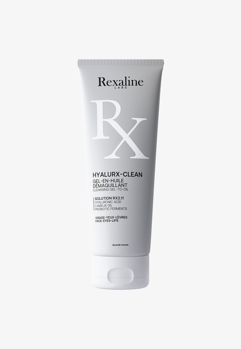 Weißer Tubus mit grauen Akzenten, mit Etiketten "Rexaline Labs" und "Hyalurx-Clean". Enthält eine Reinigungsgel-zu-Öl-Formel mit glattem Finish.