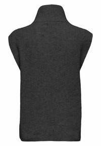 Gilet sans manches en tricot gris foncé avec un col roulé haut, vu de dos sur fond blanc.