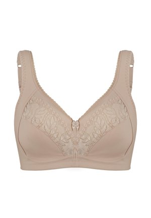 Nude bra featuring a smooth fabric with floral lace on the cups, wide straps, and a central decorative bow detail.