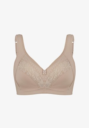 Biustonosz w kolorze cielistym wykonany z gładkiej tkaniny, z florystyczną koronką na miseczkach, szerokimi ramiączkami oraz centralną dekoracyjną kokardą.