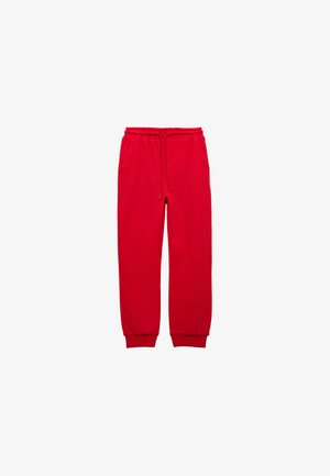 Rote Sweatpants mit elastischem Bund, Kordelzug, Seitentaschen und eng anliegendem Abschluss am Knöchel. Hergestellt aus weichem, atmungsaktivem Stoff.