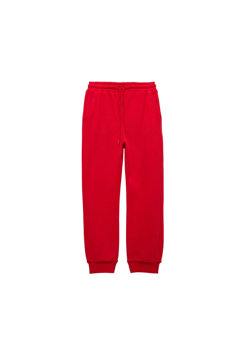 Röda sweatpants med elastisk midja, dragsko, sidfickor och åtsittande mudd vid anklarna. Tillverkade av mjukt, andningsbart tyg.