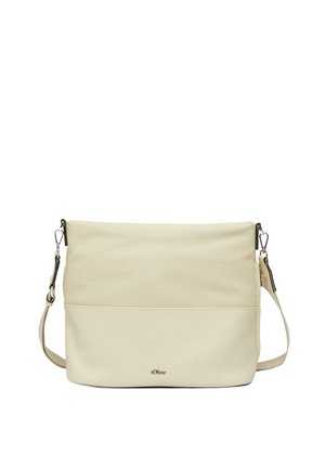 Beige Schultertasche aus synthetischem Material mit einer strukturierten, perforierten Oberfläche und einem glatten unteren Abschnitt. Verfügt über einen hellen, verstellbaren Trageriemen.