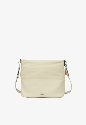 Beige shoulder bag made of synthetic material with a textured, perforated surface and smooth lower section. Features a light-colored adjustable strap.