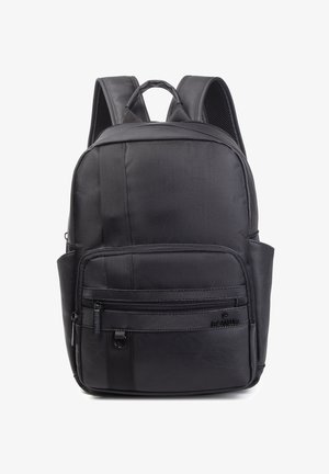Zaino nero realizzato in tessuto texture con un accento in pelle liscia. Presenta spallacci imbottiti, molteplici scomparti e una tasca frontale con zip.