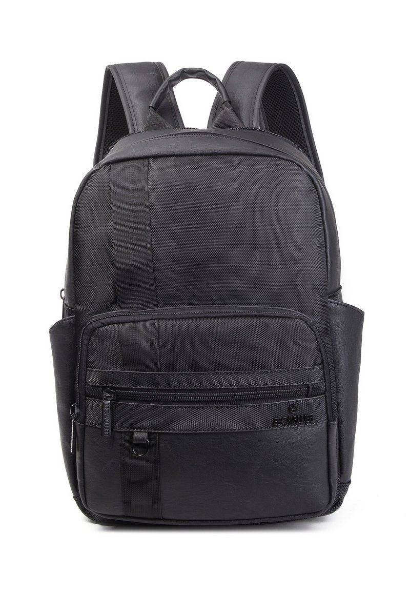 Zaino nero realizzato in tessuto texture con un accento in pelle liscia. Presenta spallacci imbottiti, molteplici scomparti e una tasca frontale con zip.