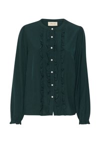 Blusa a maniche lunghe verde scuro con scollo rotondo, bottoni perla e volant lungo il davanti e ai polsini delle maniche.