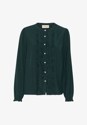 Dunkelgrüne Langarmbluse mit Rundhalsausschnitt, Perlenknöpfen und Rüschendetails entlang der Vorderseite und an den Ärmeln.