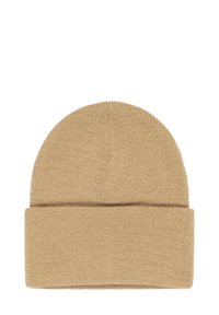 Gorro de punto marrón con un dobladillo acanalado, parte superior redonda y textura suave. Diseñado para proporcionar calidez y comodidad en climas fríos.