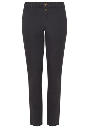 Pantalon gris foncé en tissu mélangé coton, présentant une coupe slim, deux poches avant, deux boutons à la taille et des passants de ceinture.