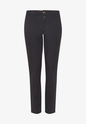 Tamno sive hlače od mješavine pamuka, s uskim krojem, dva prednja džepa, dva dugmeta na pojasu i petlje za remen.