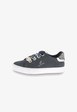 Dark blue sneakers featuring textured fabric, silver accent on the heel, floral-patterned laces, and a white rubber sole.