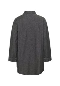 Denimskjorte, mørkegrå, med krave, lange ærmer, knapdetaljer ved manchetterne, let buet kant forneden, glat tekstur.