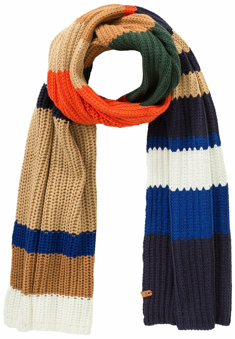 Écharpe en tricot présentant des rayures horizontales dans les tons beige, vert, orange, marine, bleu et blanc ; tissu texturé avec des accents côtelés.