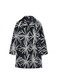 Black coat featuring white daisies with yellow centers, made from a textured fabric. It has a collar and side pockets.