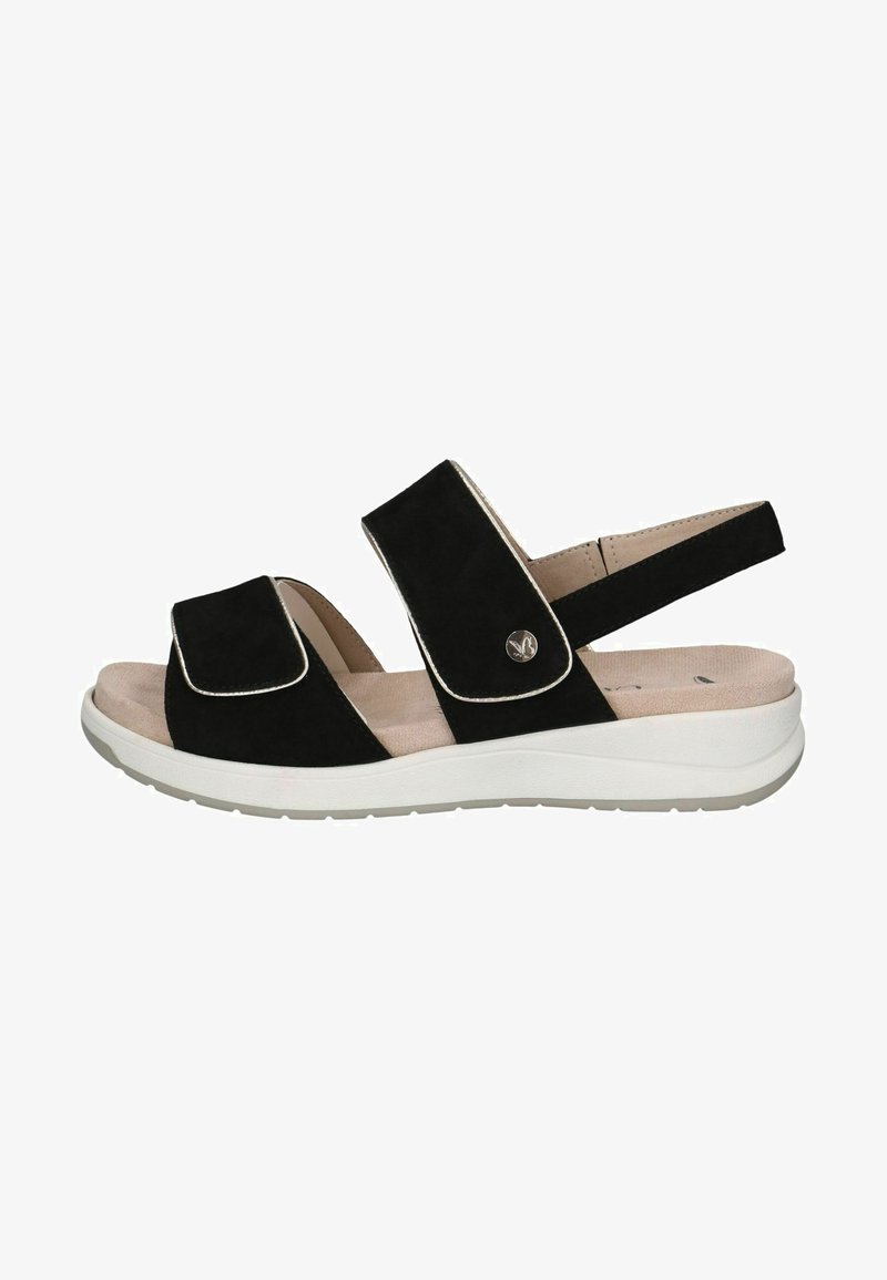 Must mustata sandaalid, laiad rihmad, reguleeritav tagumine osa, valge vaheosa ja hall kummitald. Omab metallilisi detaile ja pehmendatud sisetald.