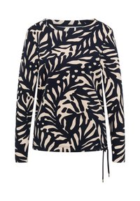Langärmeliges schwarzes und beiges Oberteil mit abstraktem Blattmuster, Rundhalsausschnitt und verstellbarem Kordelzug am unteren Saum auf der rechten Seite.