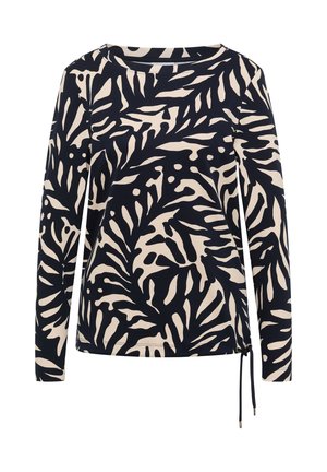 Haut noir et beige à manches longues avec motif abstrait de feuilles, col rond et cordon ajustable à la base à droite.