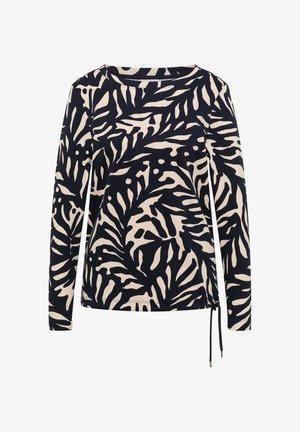 Zwart-beige top met lange mouwen en abstracte bladprint, ronde hals en verstelbare trekkoord aan de onderzoom aan de rechterkant.